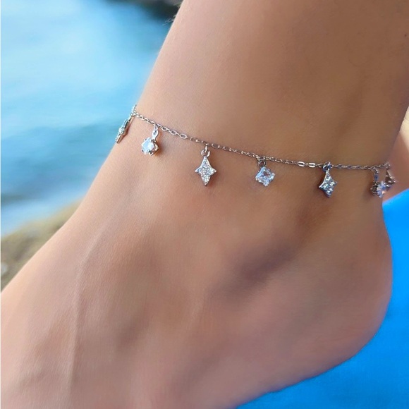Silver Anklet with Diamond Charms Real Crystal Platinum Plated Luxury Jewelry - Picture 1 of 9
